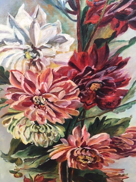 Pair Of Hanging Pink And Dahlias Paintings-photo-1