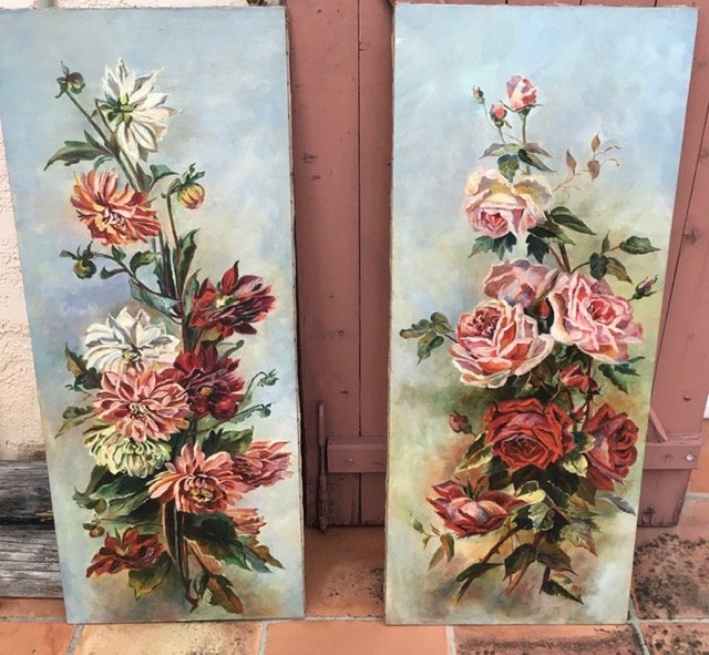 Paire De Tableaux Roses Et Dahlias En Pendant