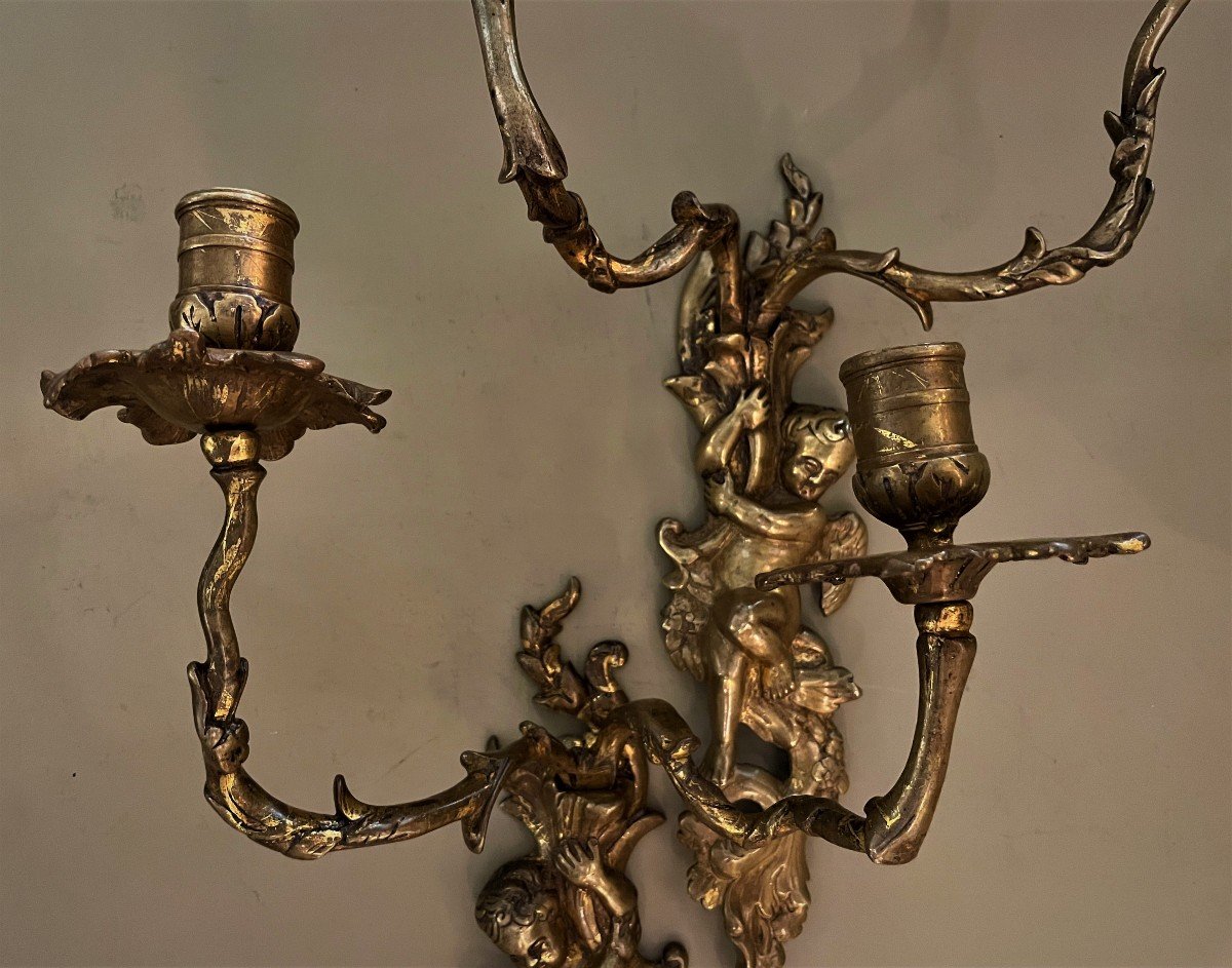 Pair Of Gilt Bronze Sconces With Regency Cherubs-photo-2