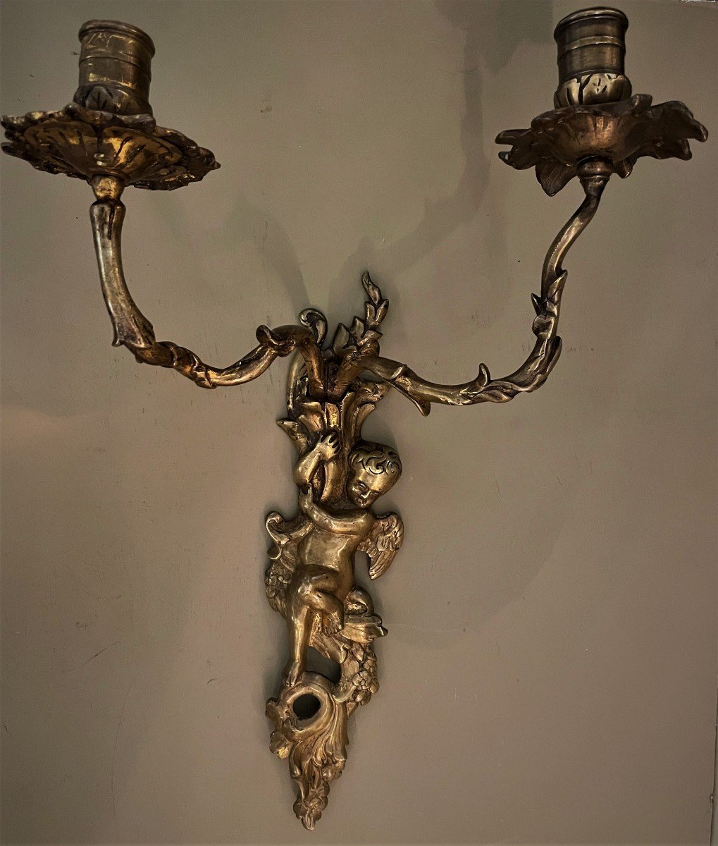 Pair Of Gilt Bronze Sconces With Regency Cherubs-photo-3
