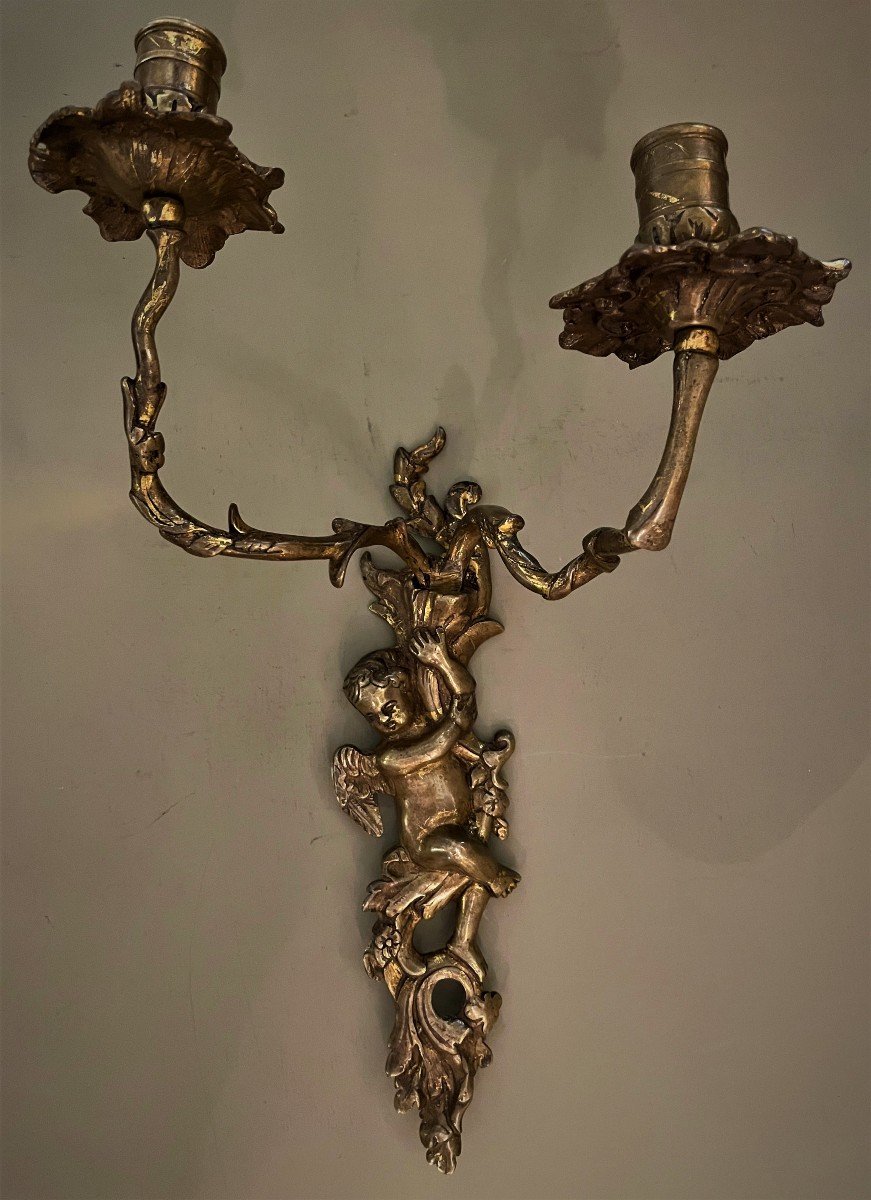 Pair Of Gilt Bronze Sconces With Regency Cherubs-photo-4