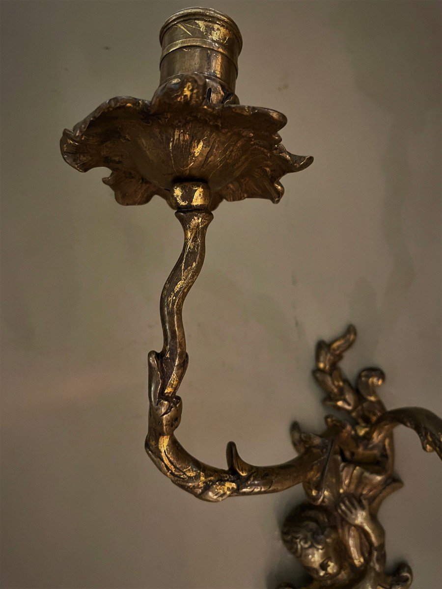 Pair Of Gilt Bronze Sconces With Regency Cherubs-photo-1