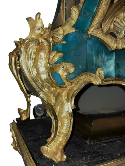 Cartel et son cul de lampe en écaille verte Louis XV signé RAGOT-photo-5