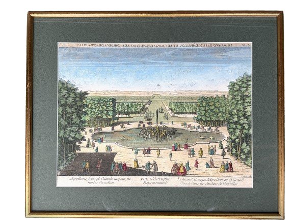 Gravure réhaussée XVIIIème Fontaines et Bassins de Versailles