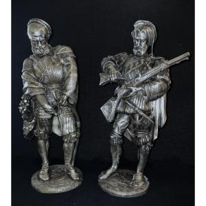 Arquebusier And Archer In Silvered Bronze Signed Deniere
