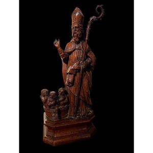 Saint Nicolas et les enfants, bois sculpté ciré