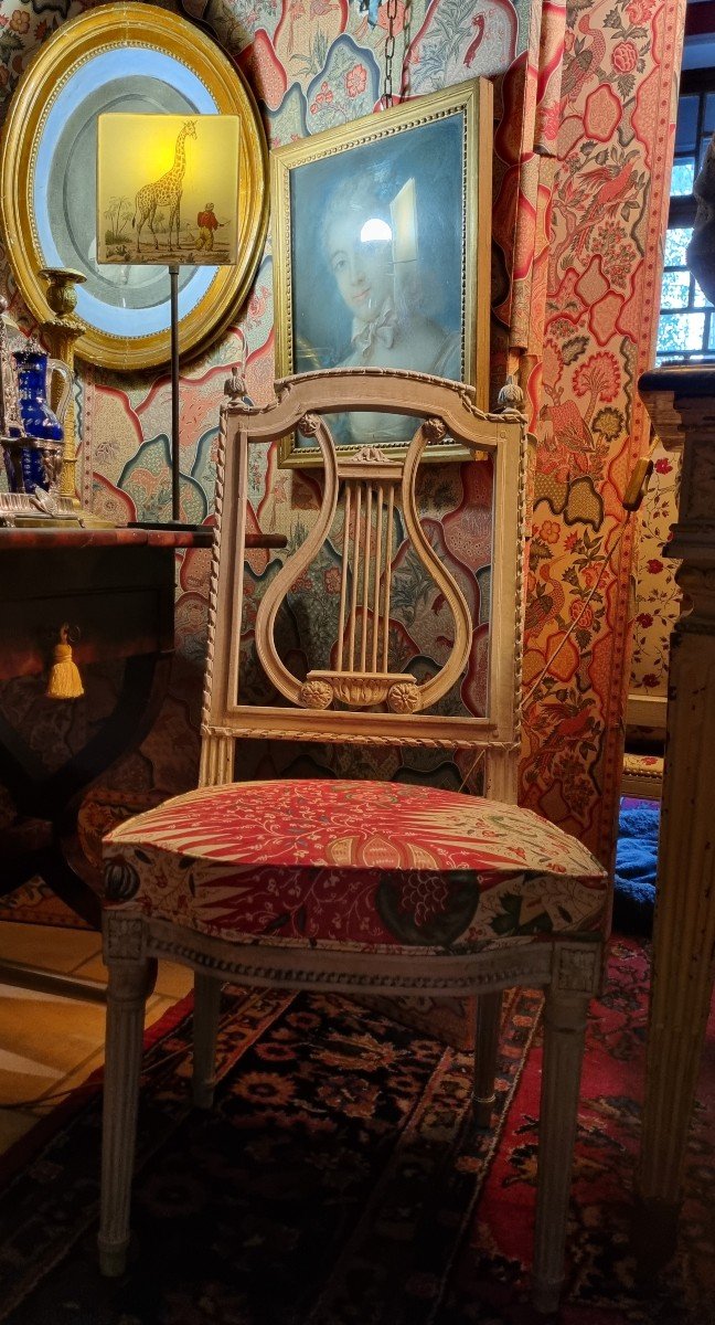 Chair With Lyre Back Louis Period, XVI Braquenié Fabric-photo-8