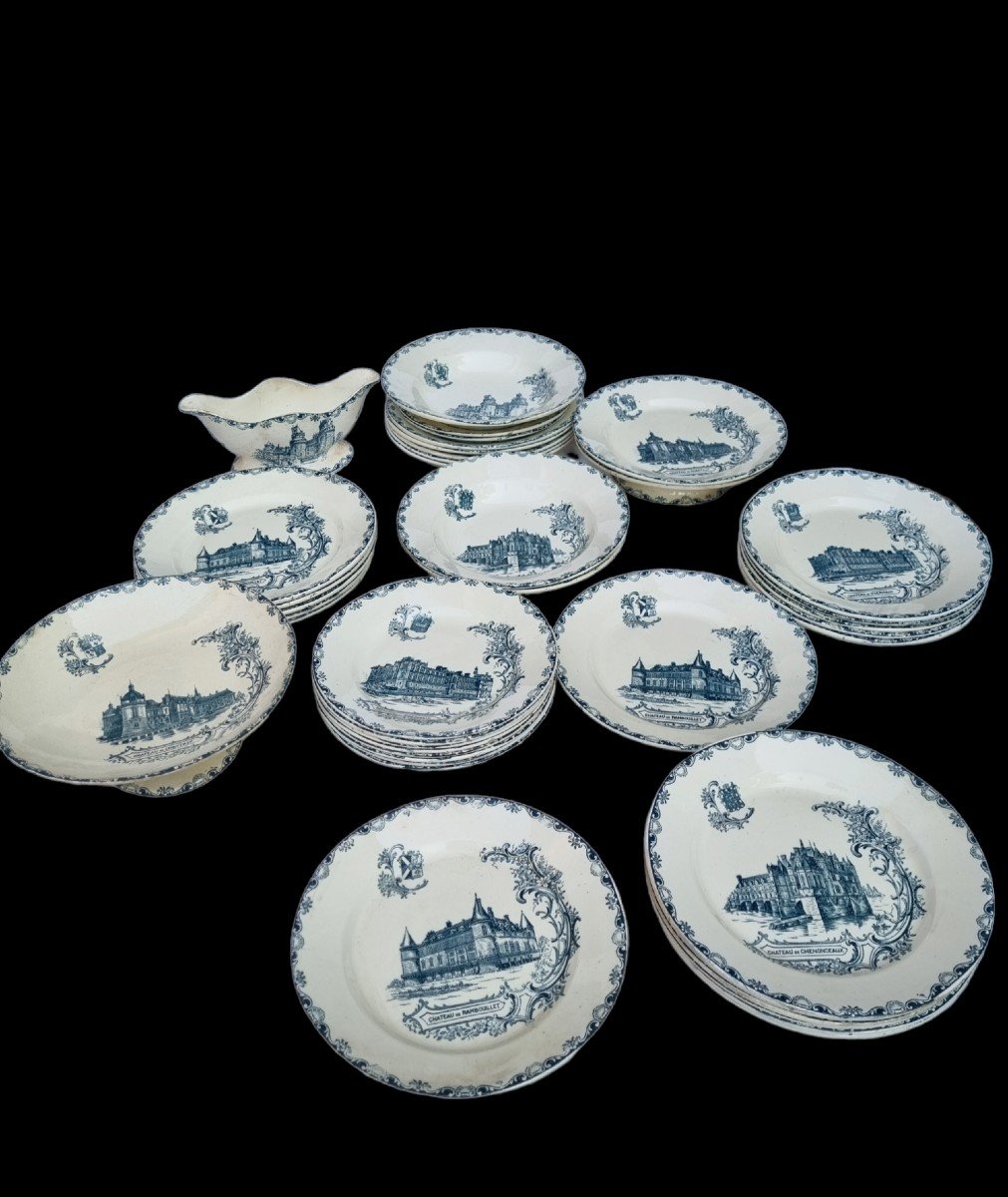 SERVICE DE TABLE FAIENCE DE CLAIREFONTAINE  CHATEAUX VERS 1900 CHANTILLY CHENONCEAU CHAMBORD -photo-2