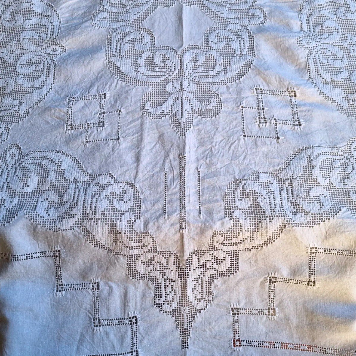 Large Linen Yarn Tablecloth 1900/1920 340cm/170cm-photo-1