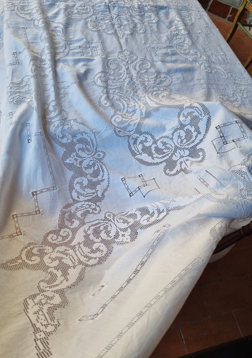 Large Linen Yarn Tablecloth 1900/1920 340cm/170cm-photo-3