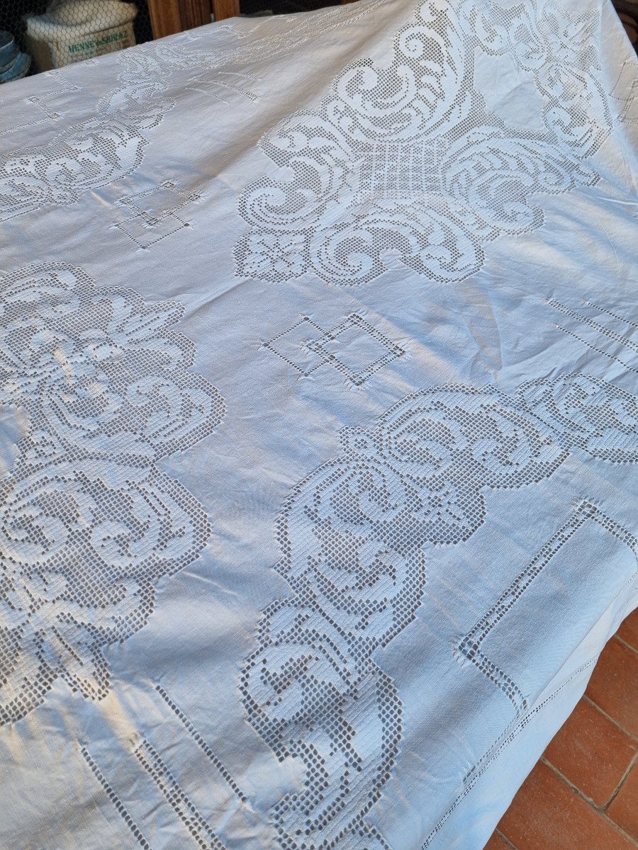 Large Linen Yarn Tablecloth 1900/1920 340cm/170cm-photo-6