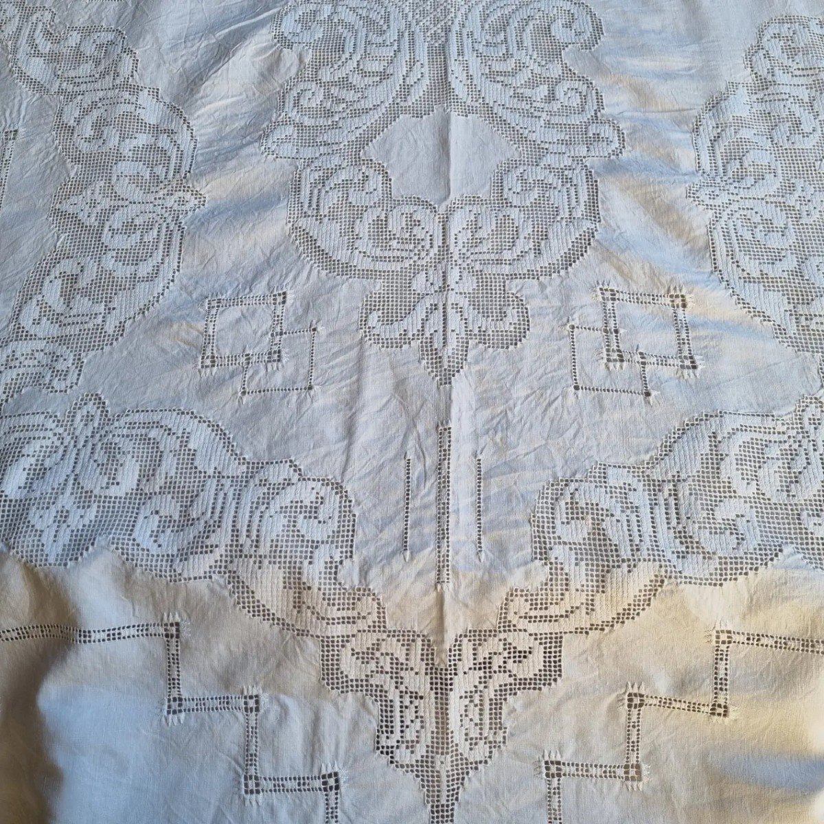 Large Linen Yarn Tablecloth 1900/1920 340cm/170cm-photo-8
