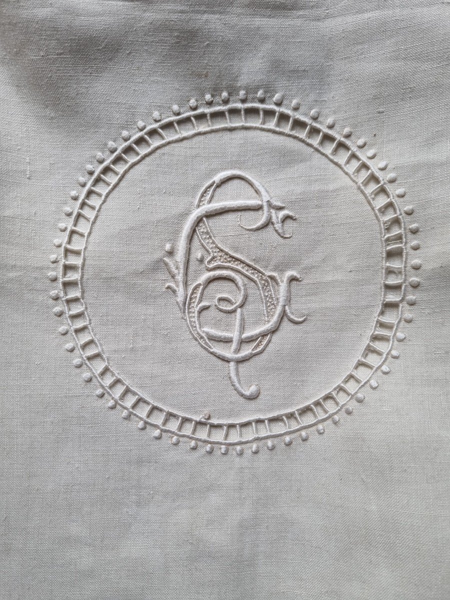 DRAP EN FIL DE LIN VERS 1900/1920  BRODÉ Neuf 235 cm de large CiGOGNES-photo-2