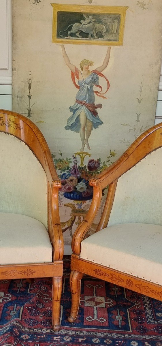 PAIRE DE FAUTEUILS GONDOLES EPOQUE CHARLES X BOIS CLAIR ERABLE MOUCHETE BERGERES-photo-6