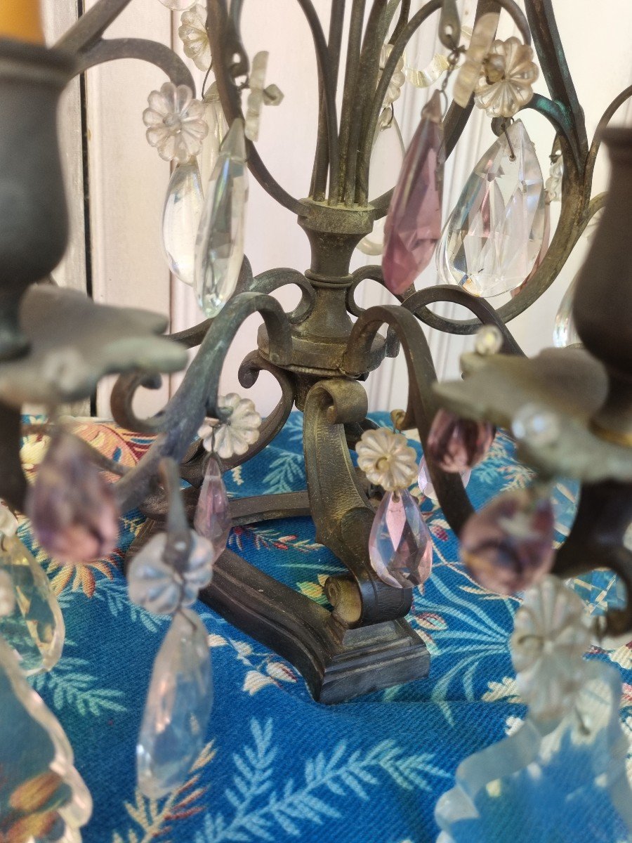 Pair Of Girandoles Circa 1900 Bronze And Crystal-photo-2
