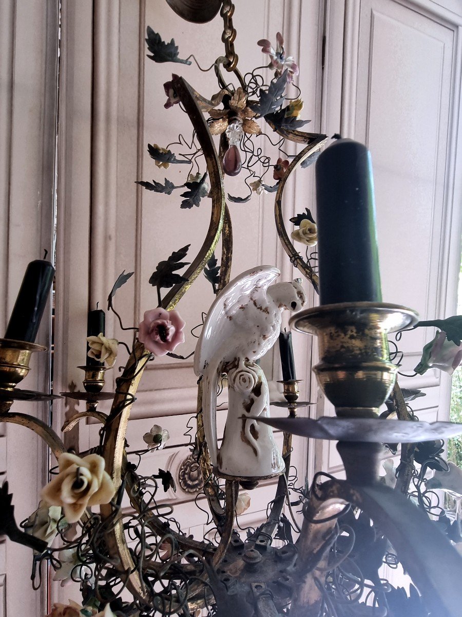 Lustre Fleurs Porcelaine  Perroquet Saxe  Vers 1900  style Louis,XV-photo-3
