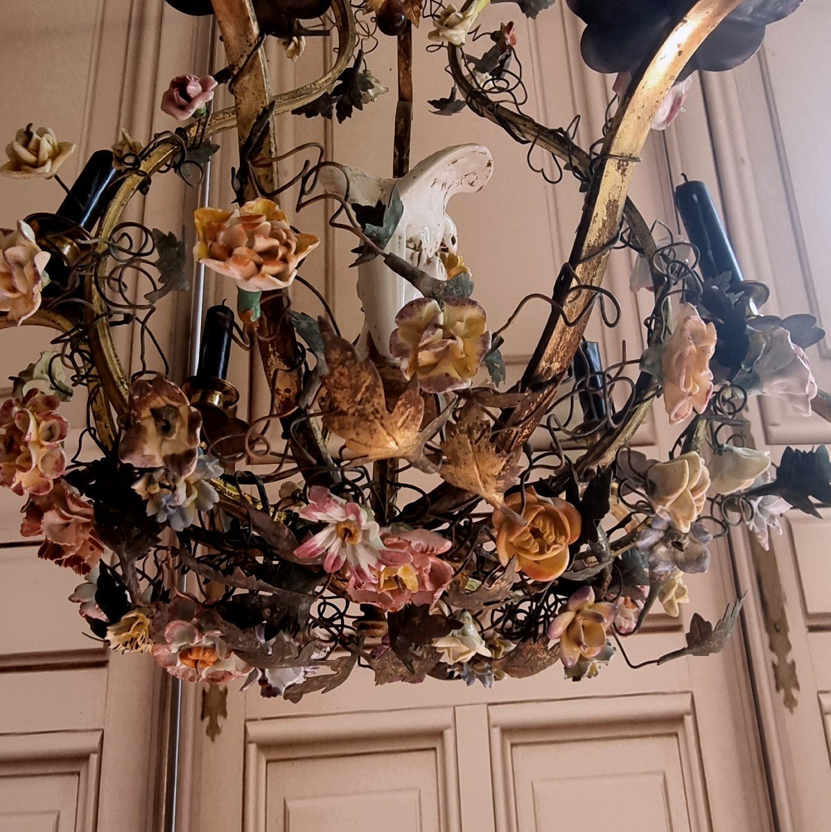Lustre Fleurs Porcelaine  Perroquet Saxe  Vers 1900  style Louis,XV-photo-4
