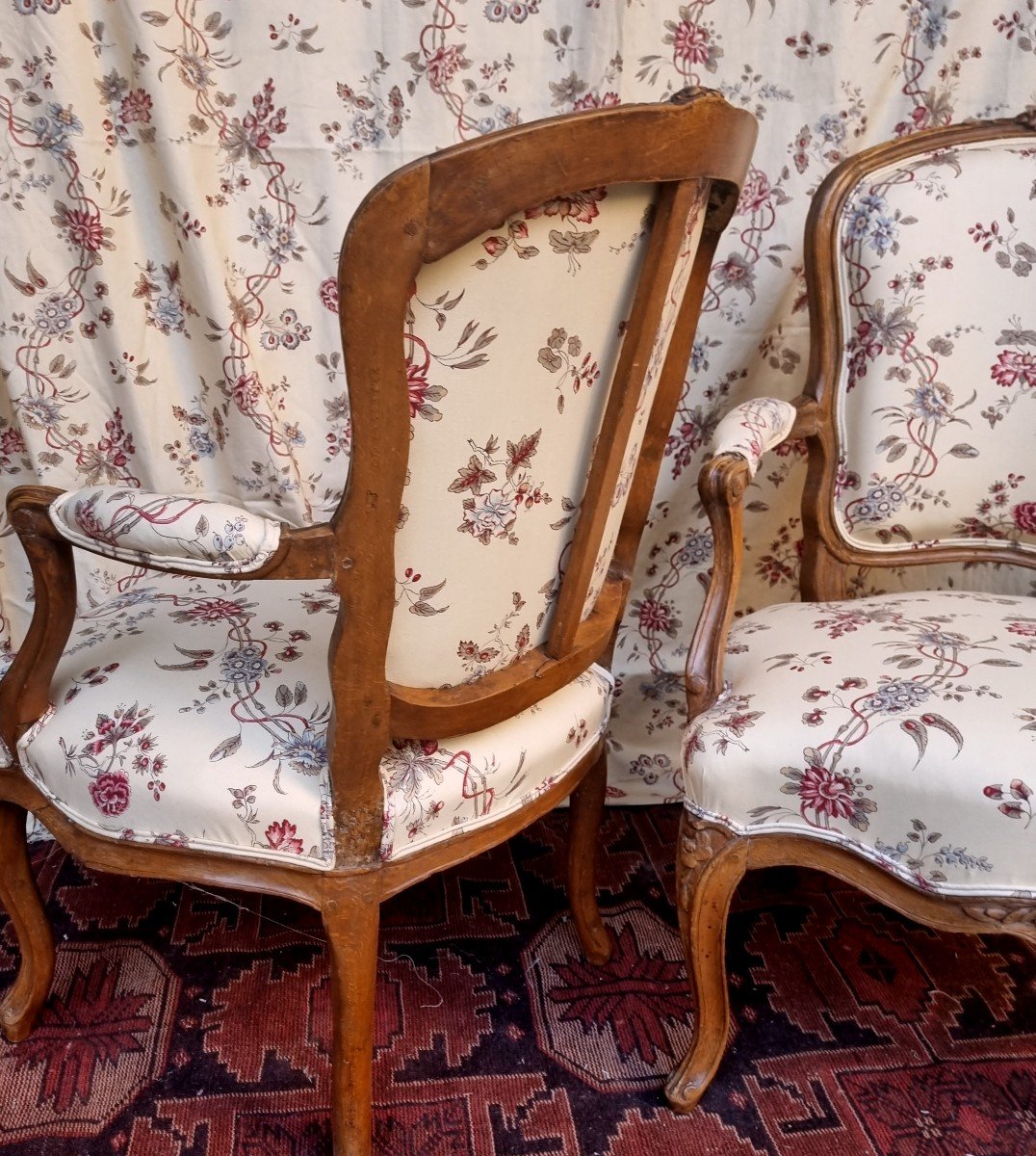 Pair Of Louis XV Period Armchairs Stamped Mariette Fabric Braquenie Cabriolets Cabriolet-photo-2