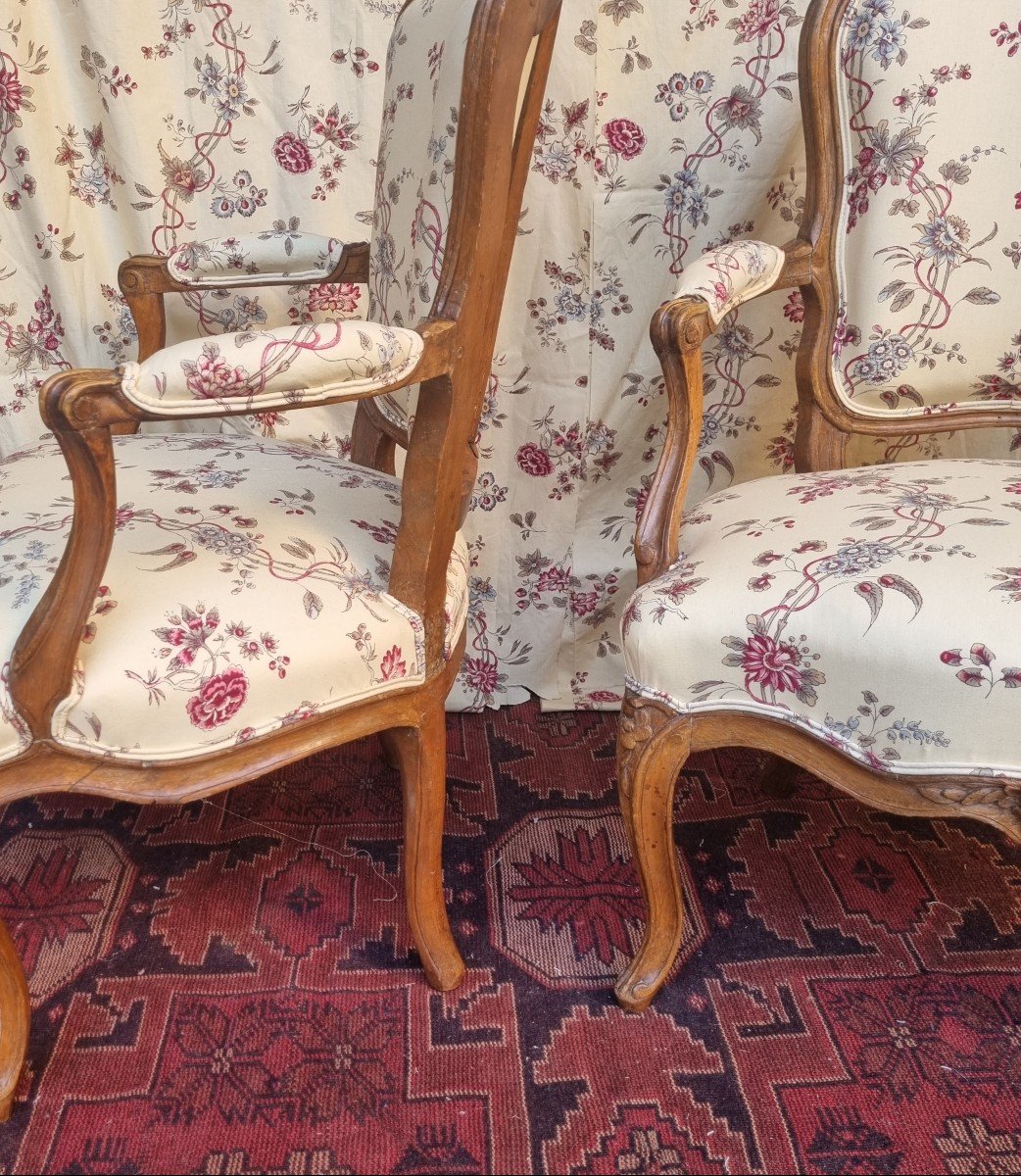 Pair Of Louis XV Period Armchairs Stamped Mariette Fabric Braquenie Cabriolets Cabriolet-photo-3