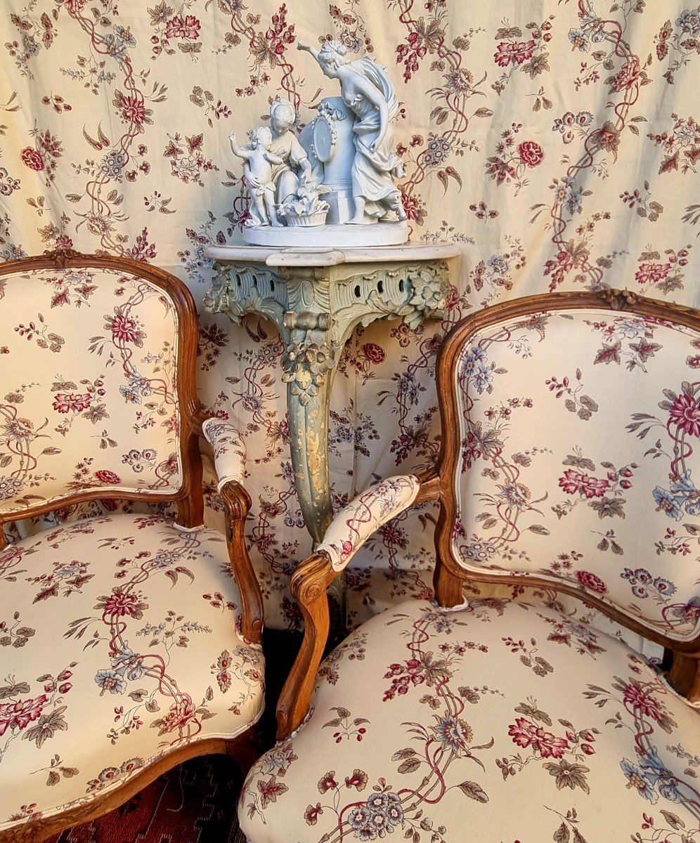 Pair Of Louis XV Period Armchairs Stamped Mariette Fabric Braquenie Cabriolets Cabriolet-photo-4