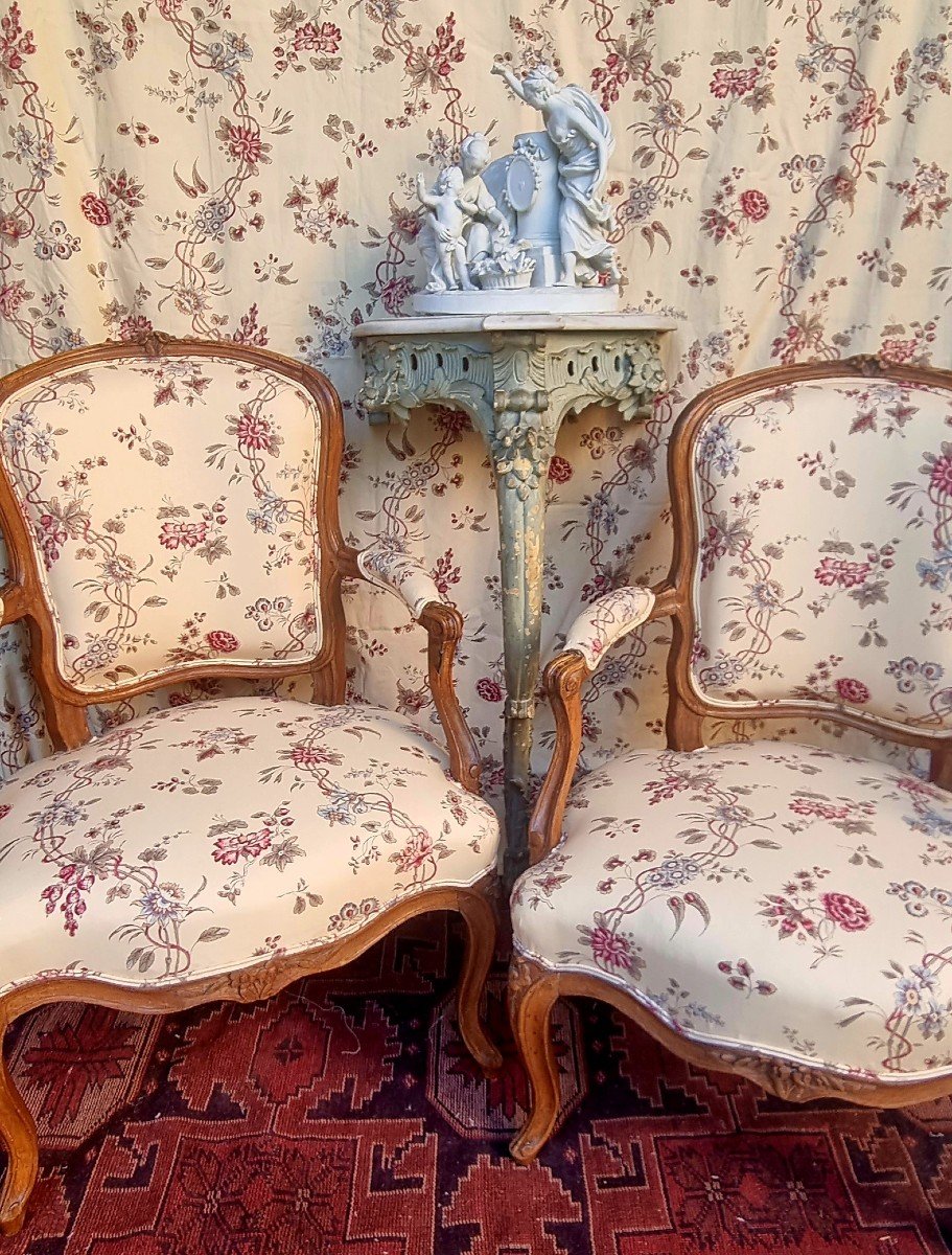 Pair Of Louis XV Period Armchairs Stamped Mariette Fabric Braquenie Cabriolets Cabriolet