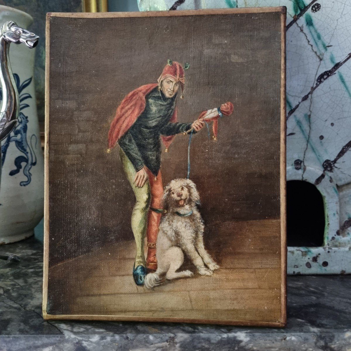 BOUFFON HUILE SUR TOILE XIXe TRIBOULET TABLEAUTIN JOUET FOU DU ROI CHIEN-photo-2