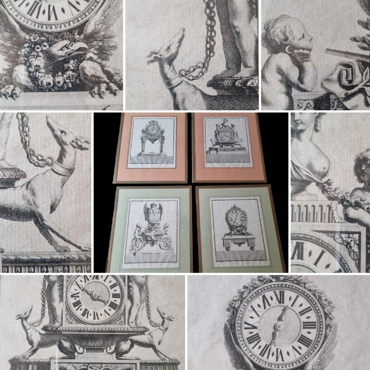 SUITE DE 4 GRAVURES PENDULES PENDULE ÉPOQUE XVIIIe LOUIS XVI