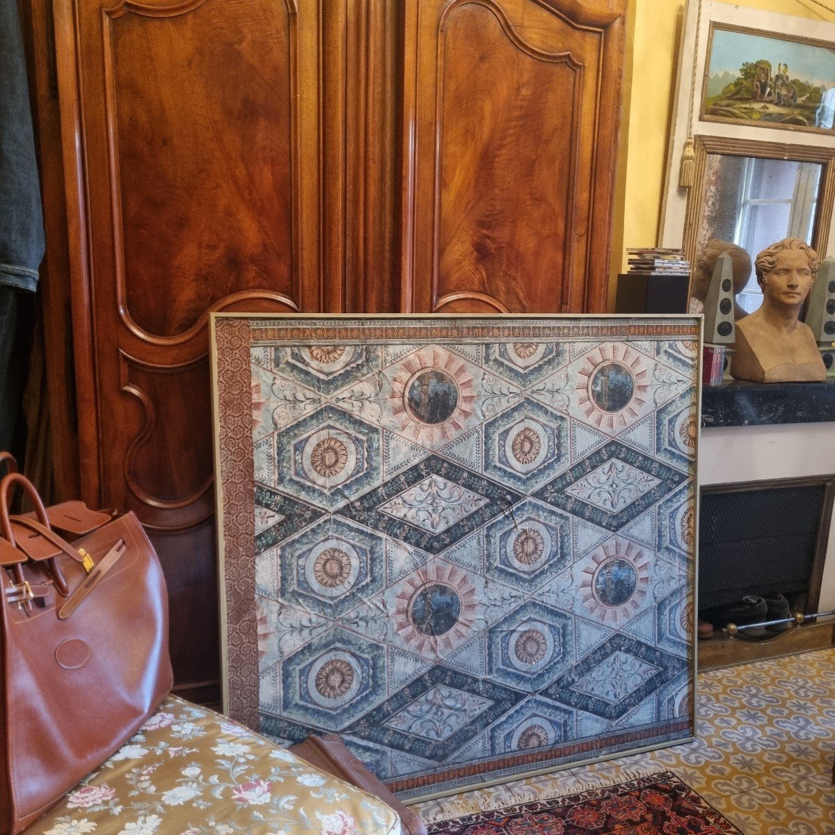 GRAND PANNEAU DE PAPIER PEINT ÉPOQUE DIRECTOIRE PAPIER DOMINOTÉ  XVIIIe