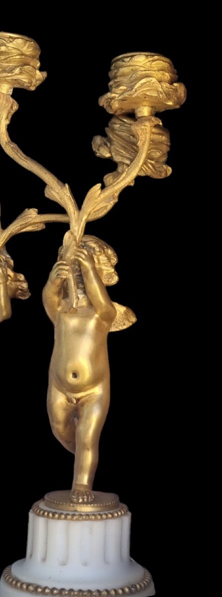 Pair Of Gilt Bronze Candelabra, Louis Style, XVI Napoleon III Period Putti Candle Holders-photo-4