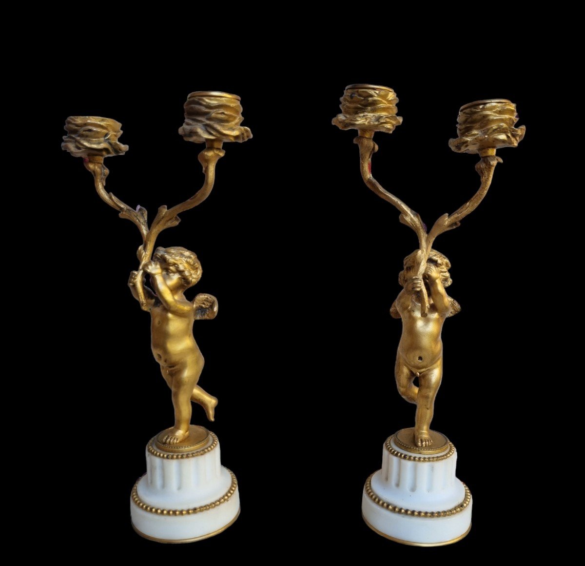 Pair Of Gilt Bronze Candelabra, Louis Style, XVI Napoleon III Period Putti Candle Holders