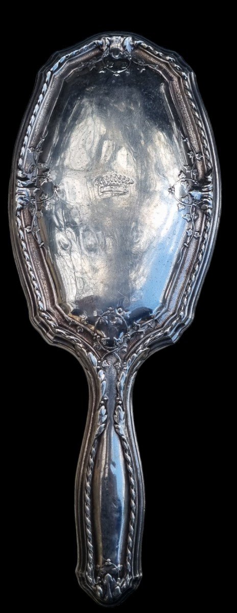 Sterling Silver Brush Minerva Crown Of Napoleon III And Hand Facing Mirror-photo-1