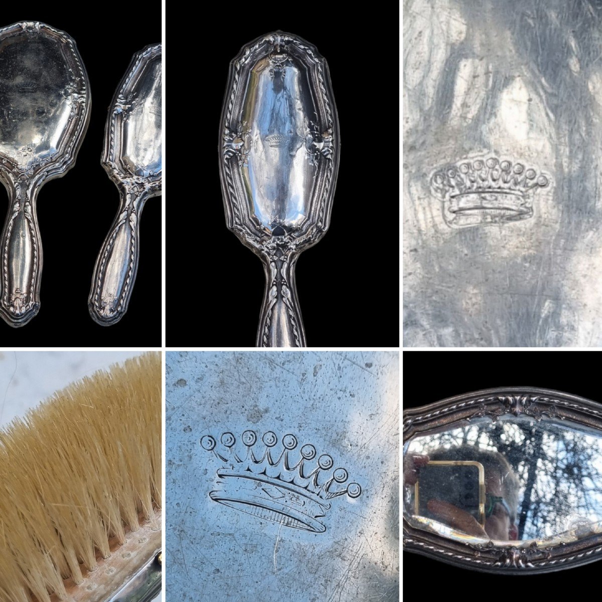 Sterling Silver Brush Minerva Crown Of Napoleon III And Hand Facing Mirror