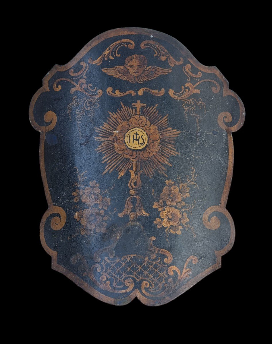 PORTE-FLAMBEAU DE PROCESSION EN TÔLE PEINTE XVIIIe/XIXe 