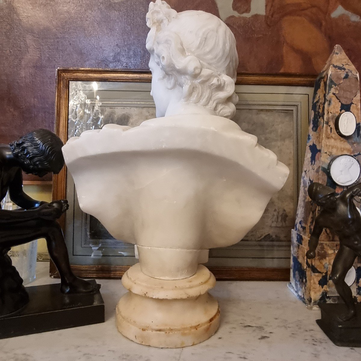 Apollo Du Belvedere Bust In Alabaster Late 19th C. Souvenir Of The Grand Tour-photo-1
