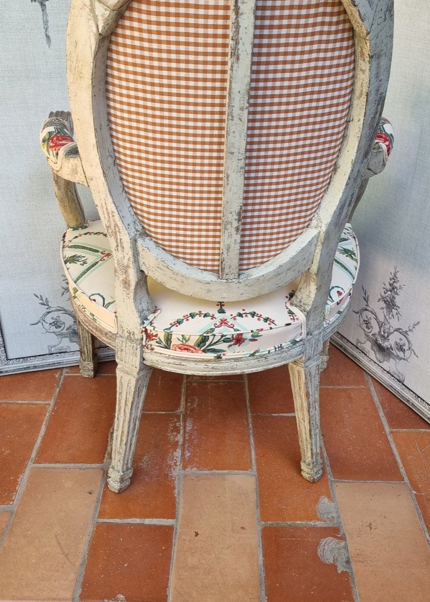 PIERRE PILLOT ATTRIB. FAUTEUIL CABRIOLET ÉPOQUE LOUIS XVI XVIIIe TISSU BRAQUENIÈ NÎMES -photo-4