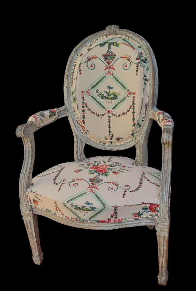 PIERRE PILLOT ATTRIB. FAUTEUIL CABRIOLET ÉPOQUE LOUIS XVI XVIIIe TISSU BRAQUENIÈ NÎMES 