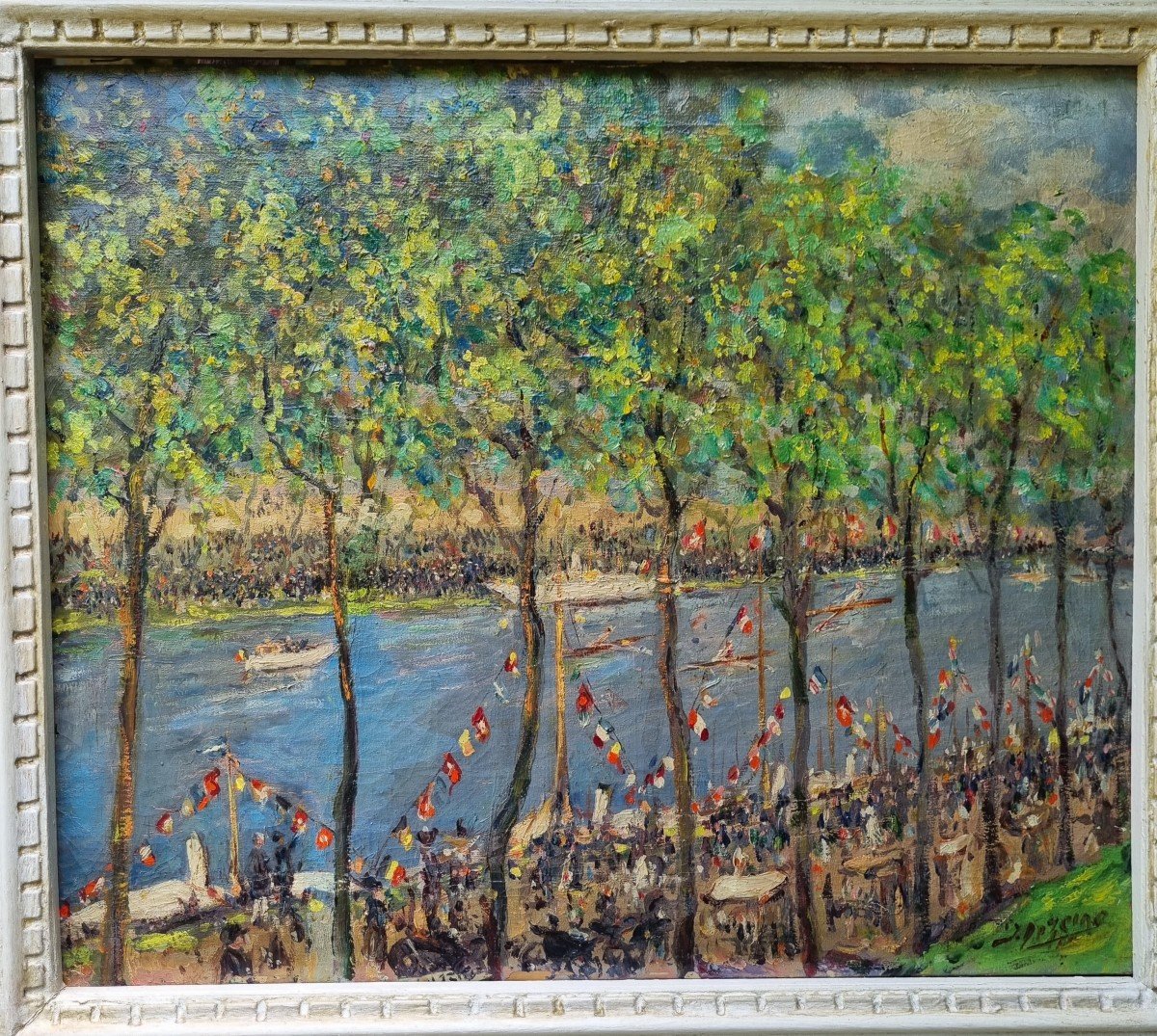 HUILE SUR TOILE IMPRESSIONNISTE IMPRESSIONNISME BORDS DE SEINE DE MARNE GUIGUETTE-photo-2