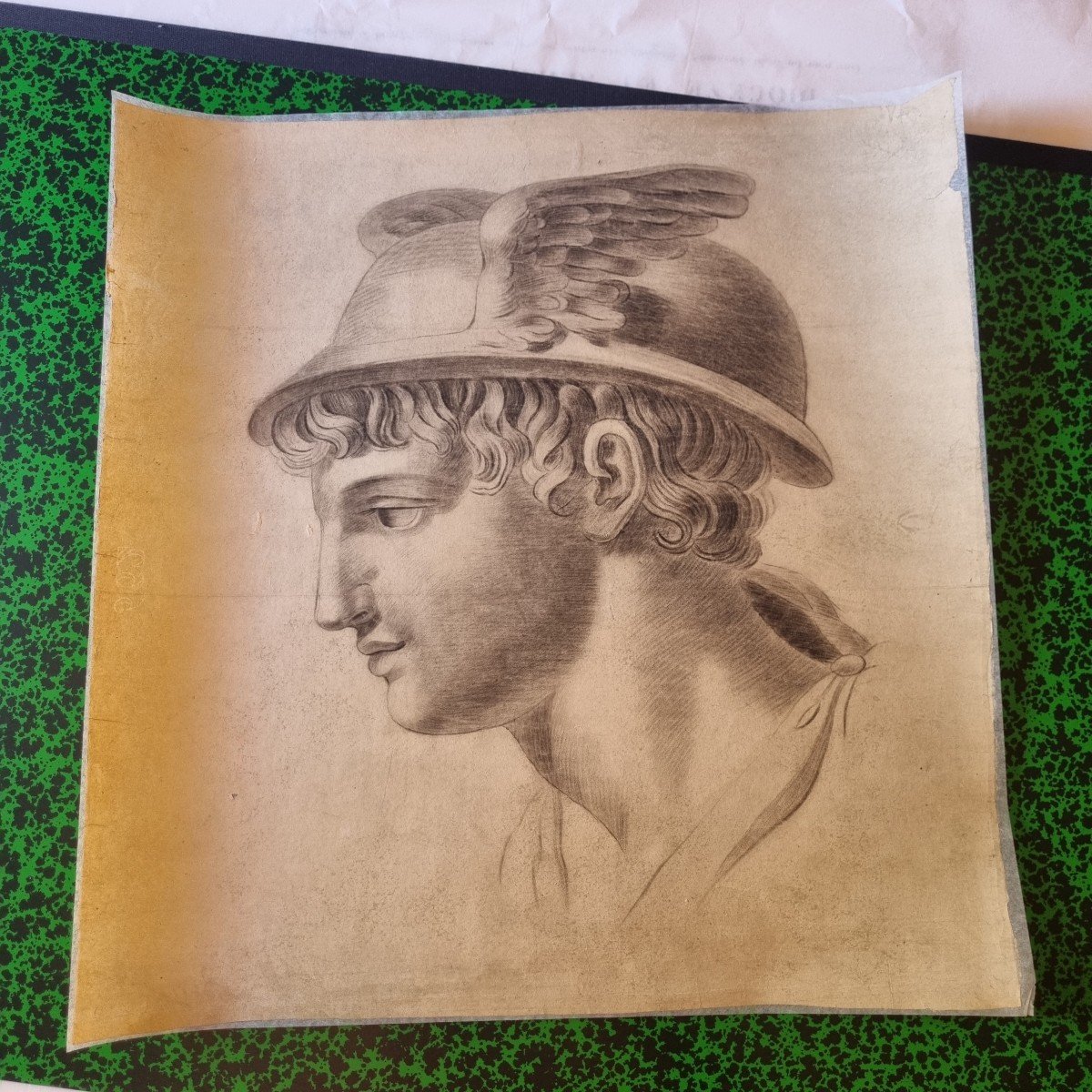 Charcoal Drawing Head Of Mercury Hermes Early 19th C.-photo-2
