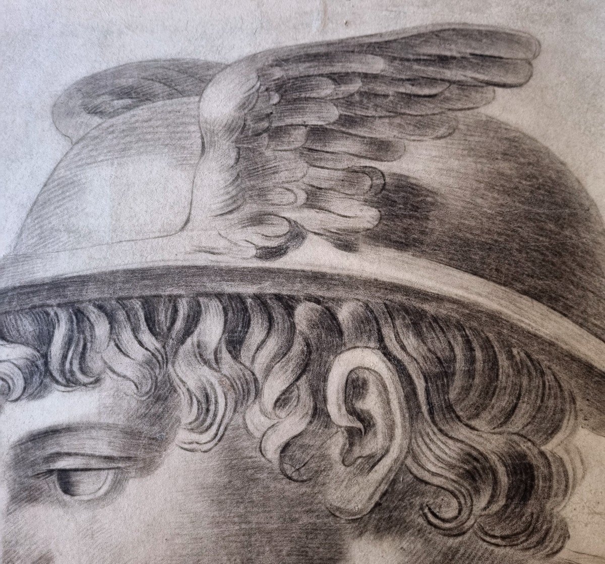 Charcoal Drawing Head Of Mercury Hermes Early 19th C.-photo-4