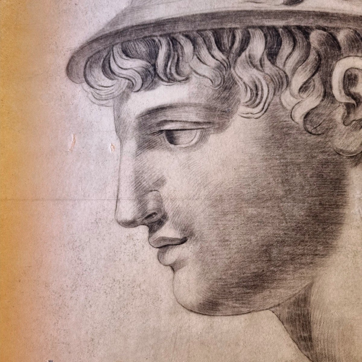 Charcoal Drawing Head Of Mercury Hermes Early 19th C.-photo-1