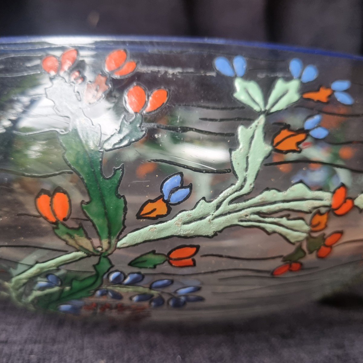 Large Art Deco Enameled Transparent Crystal Bowl From Sevres-photo-3