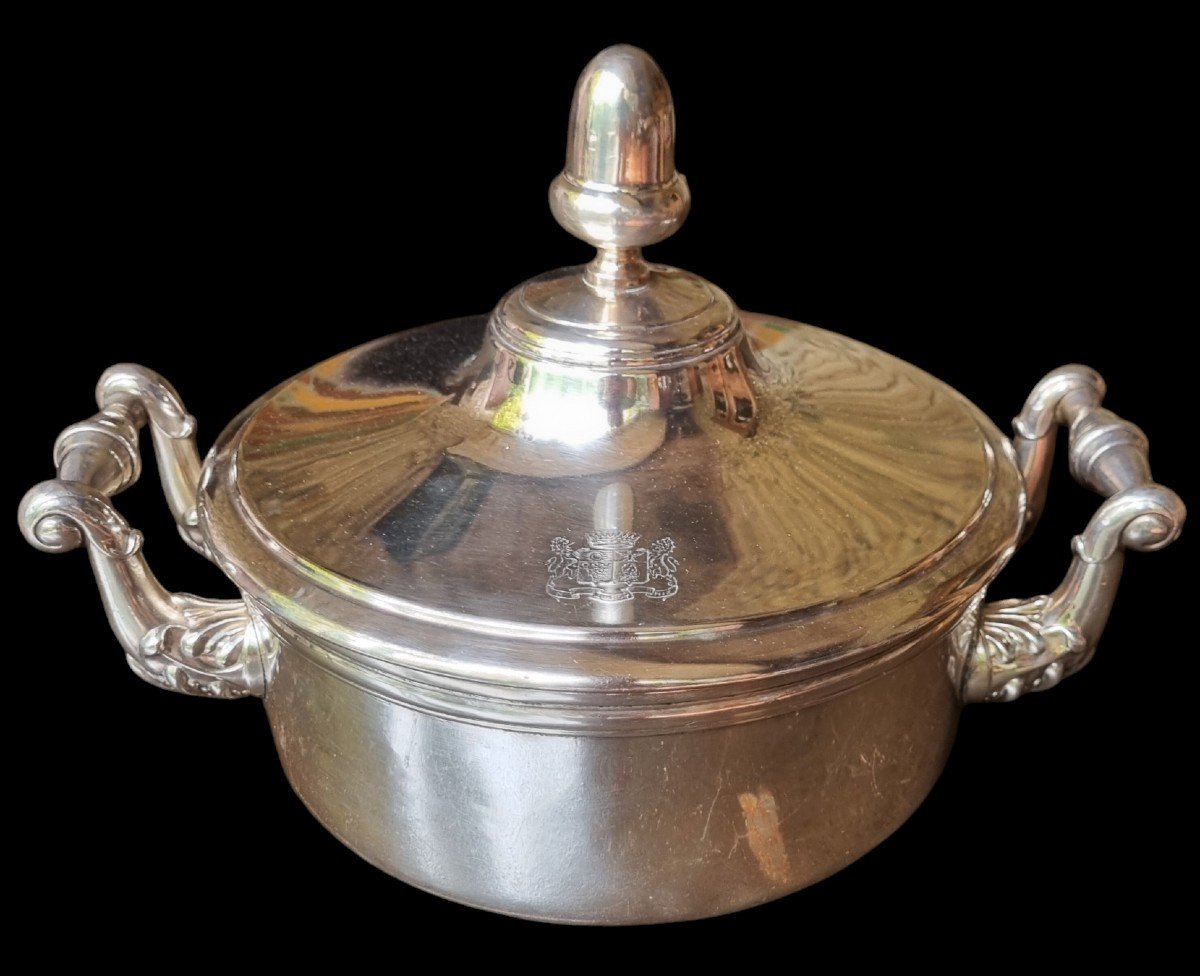 Silver Metal Vegetable Dish With Coat Of Arms And County Crown Early 19th Century Circa 1830 Charles X-photo-2