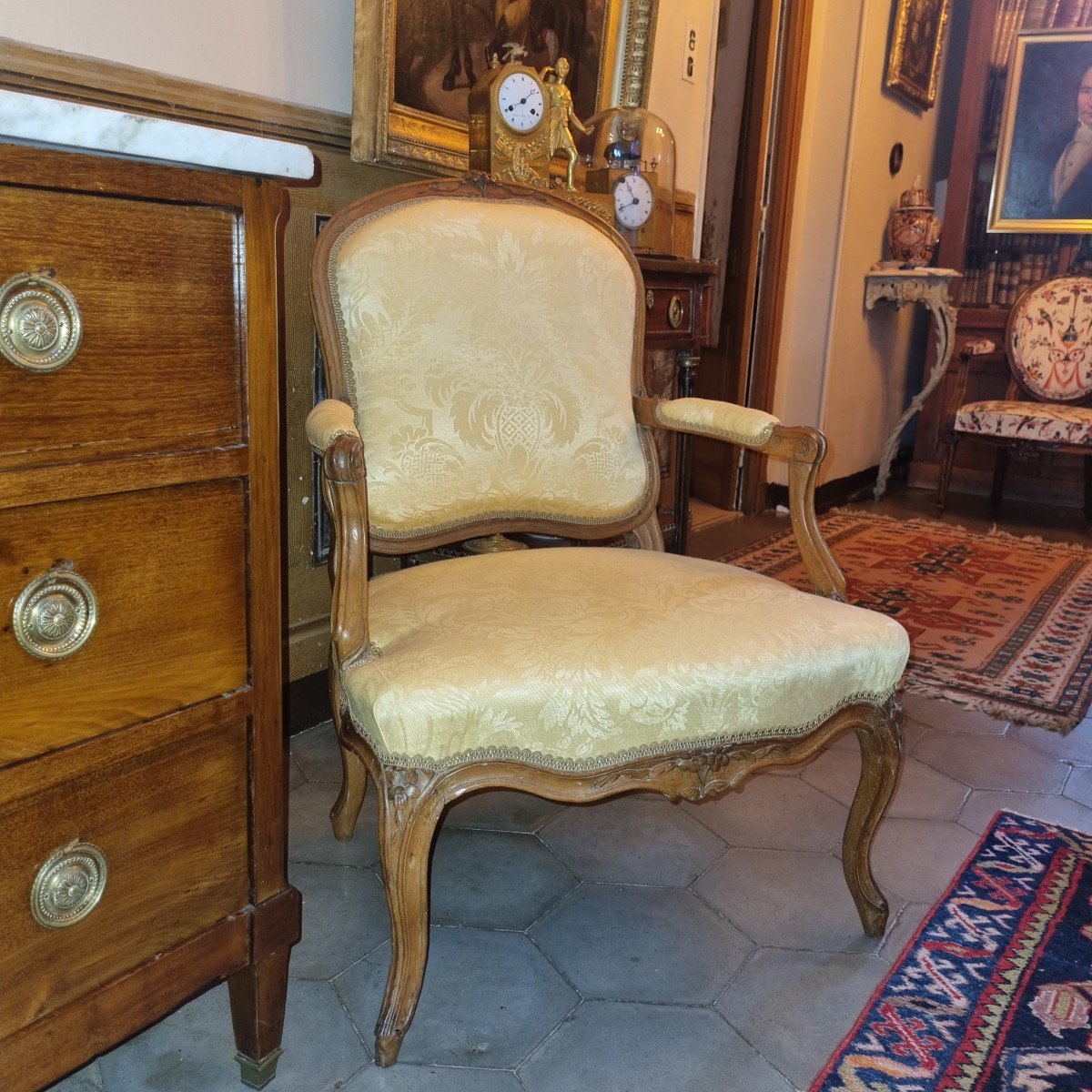Large Louis XV Period Armchair Pierre Frey Fabric Queen's Backrest-photo-2