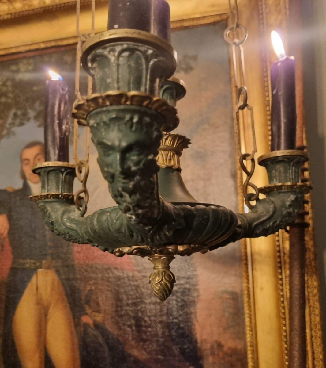 PETIT LUSTRE DE VESTIBULE STYLE À L ANTIQUE EMPIRE ETRUSQUE FIN XIX BRONZE ET FONTE-photo-4