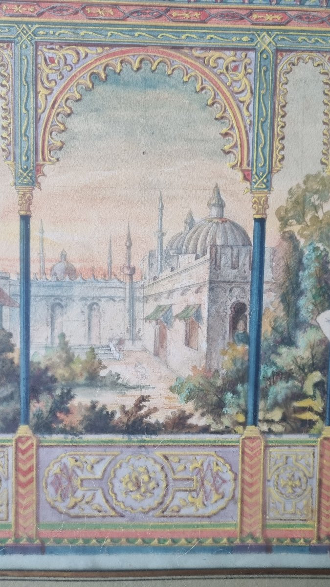 AQUARELLE PROJET DE DECORATION INTERIEURE VERS 1850 MAURESQUE ARCHITECTURE DESSIN D'ARCHITECTE -photo-2