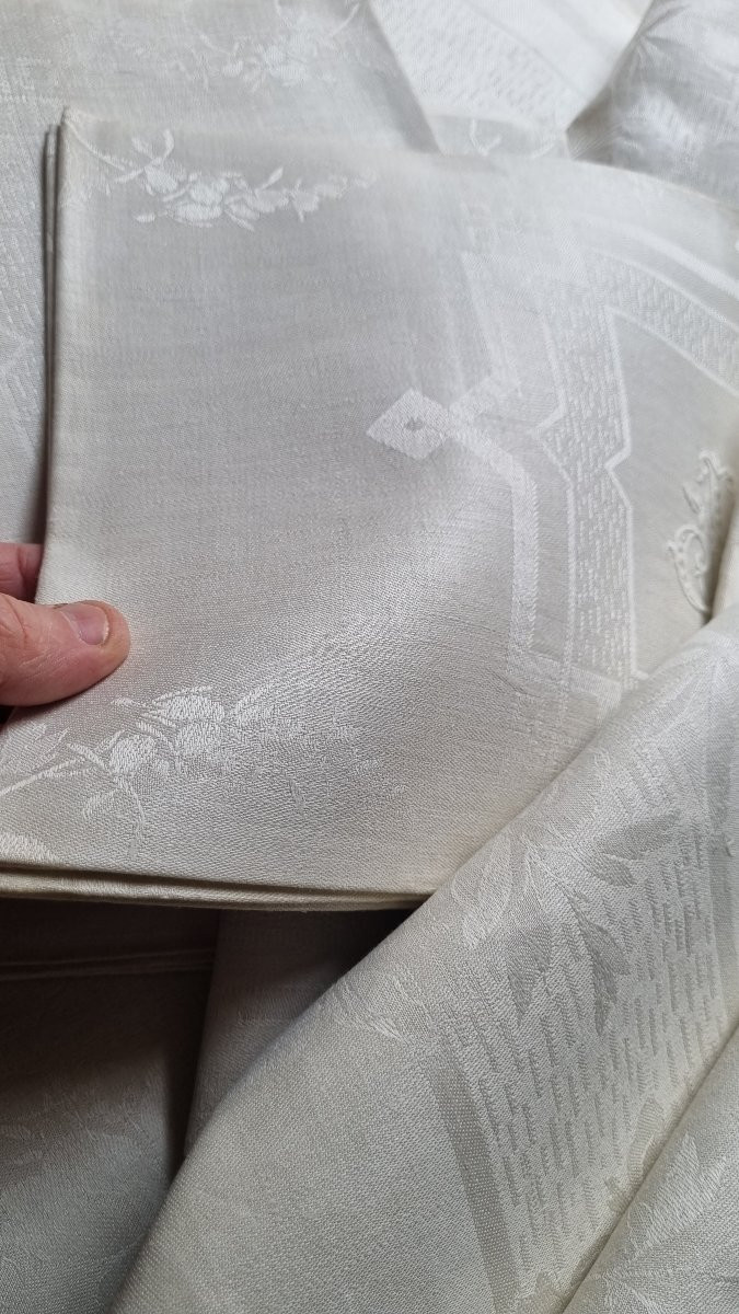 SERVICE DE TABLE EN FIL DE LIN VERS 1900 NAPPE 300 X 200 ET 12 SERVIETTES-photo-3
