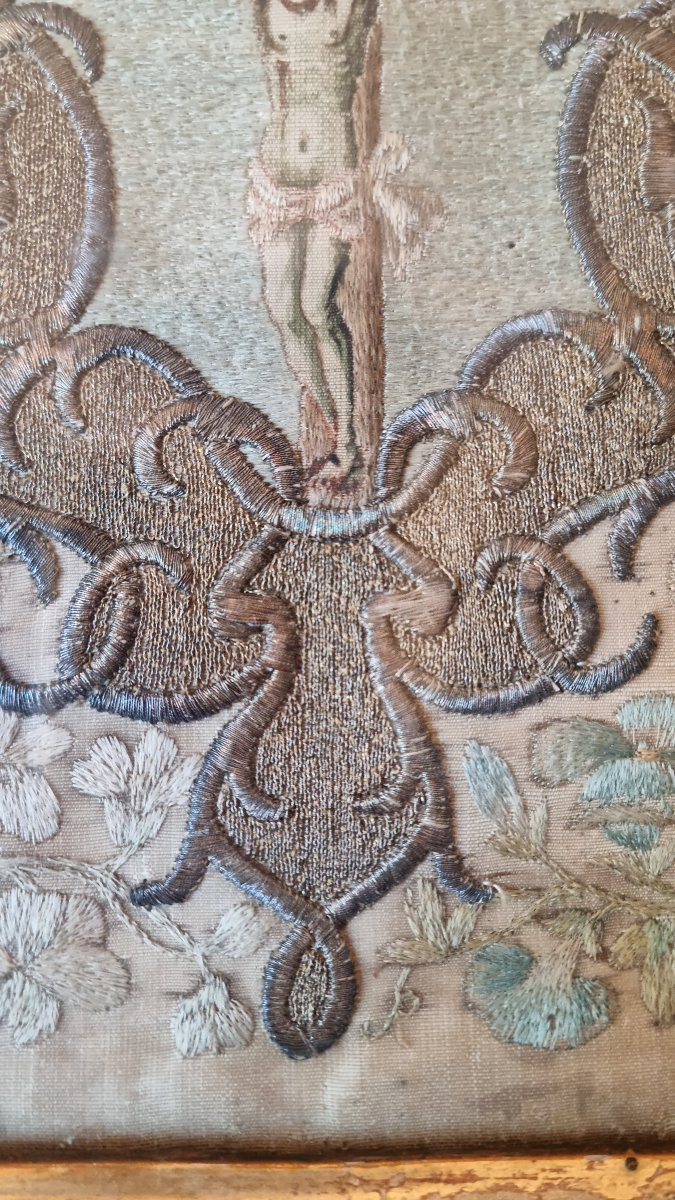 Embroidery Early 18th Century Crucifix Christ-photo-3