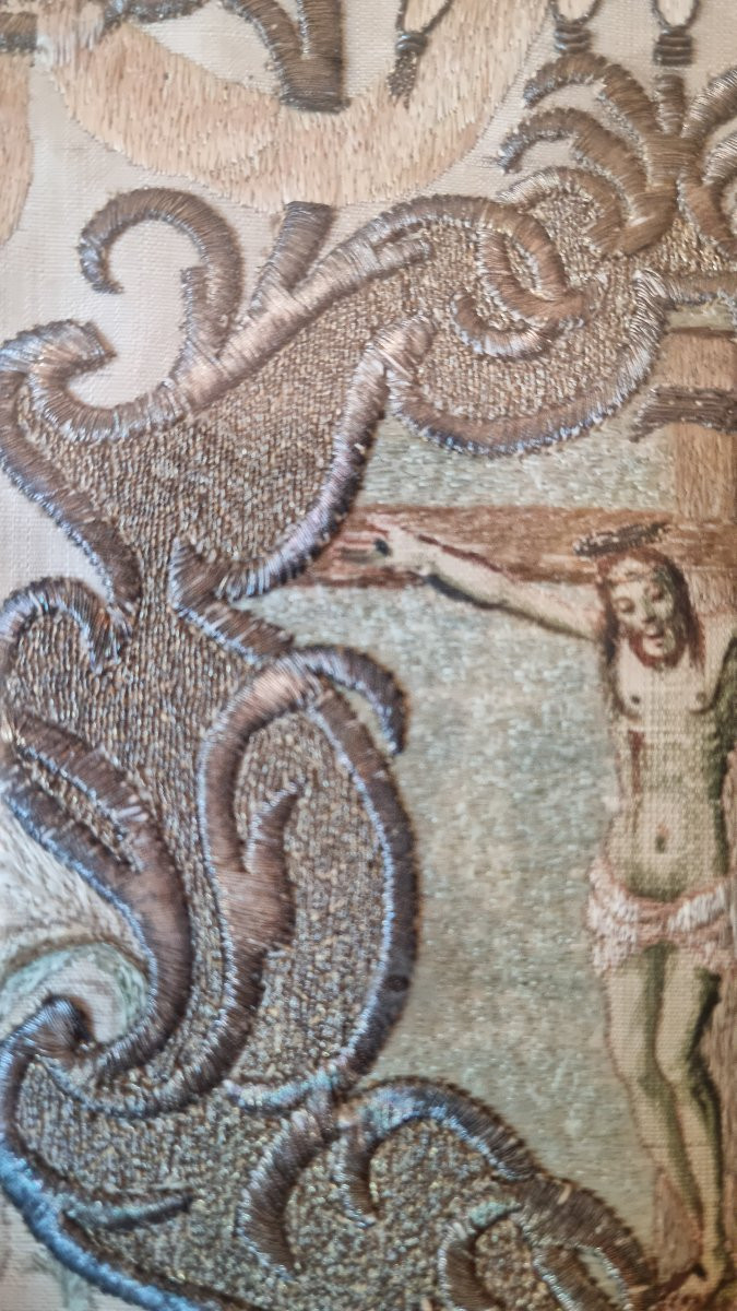 Embroidery Early 18th Century Crucifix Christ-photo-4