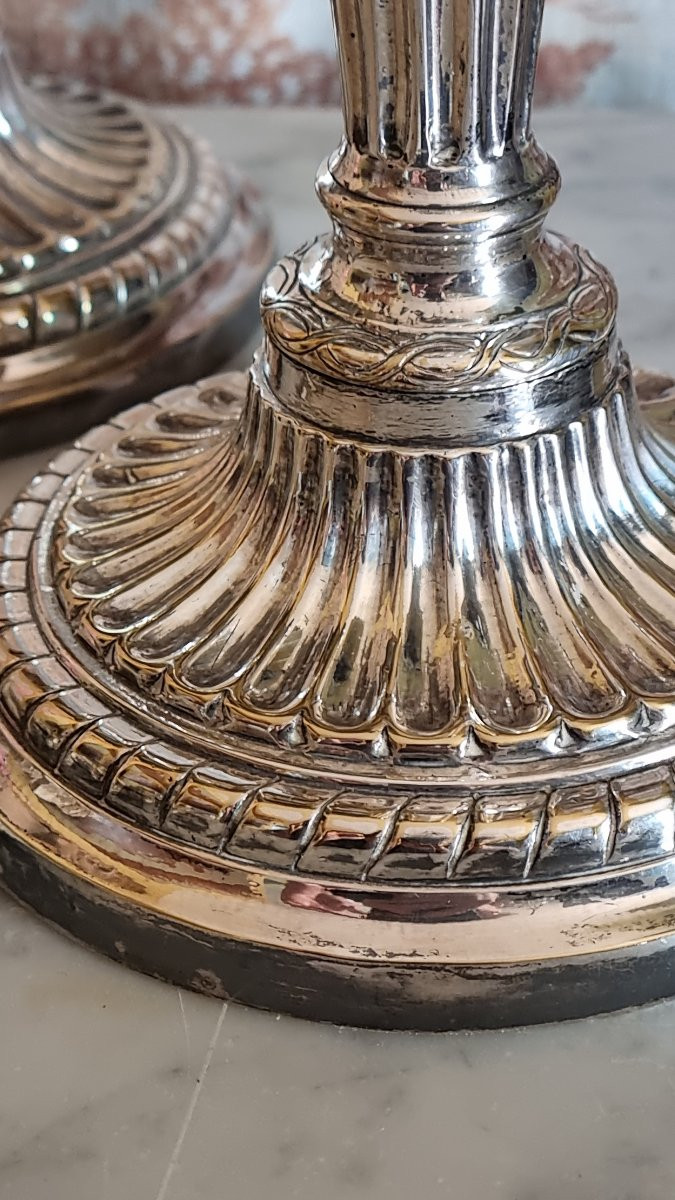 Pair Of Silver-plated Bronze Candlesticks And Flamel Holders, Louis XVI Period, 18th Century Metal -photo-2