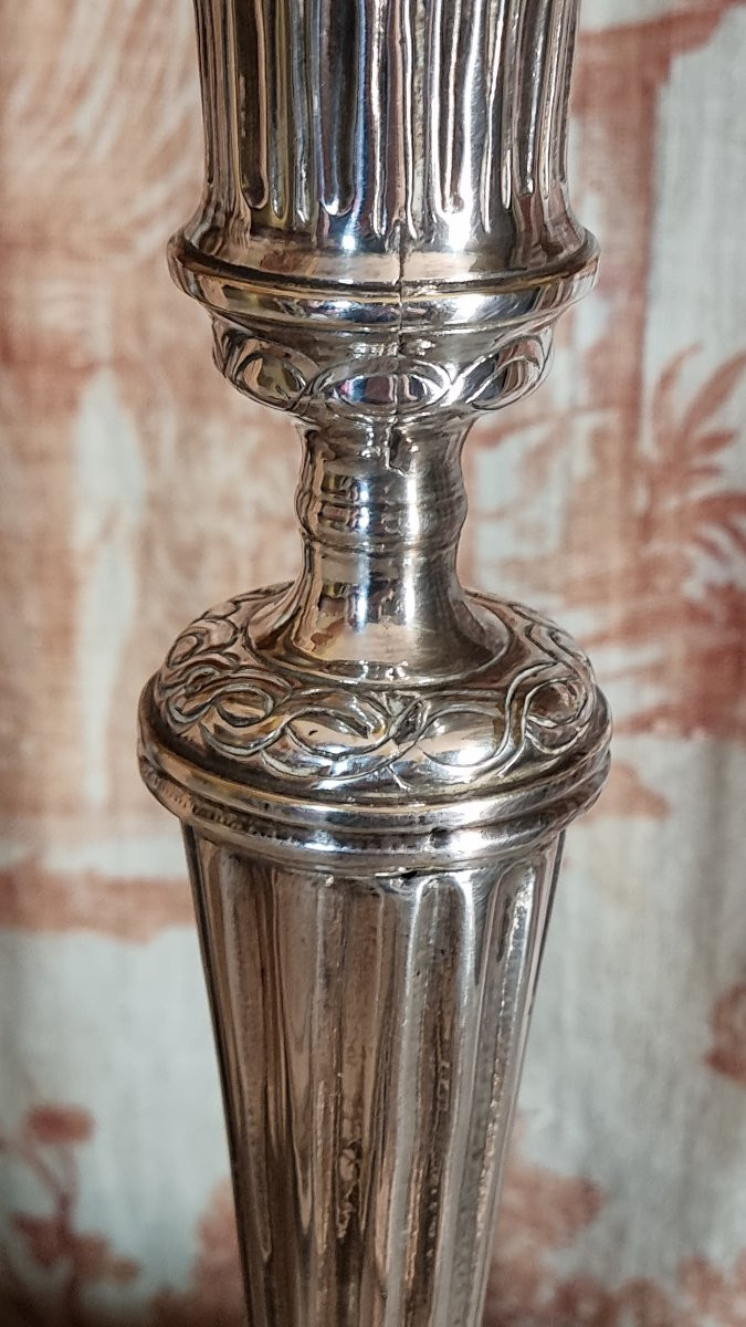 Pair Of Silver-plated Bronze Candlesticks And Flamel Holders, Louis XVI Period, 18th Century Metal -photo-3